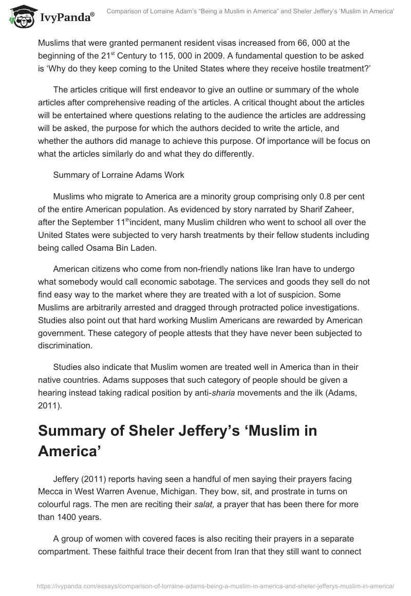 Comparison of Lorraine Adam’s “Being a Muslim in America” and Sheler Jeffery’s ‘Muslim in America’. Page 2