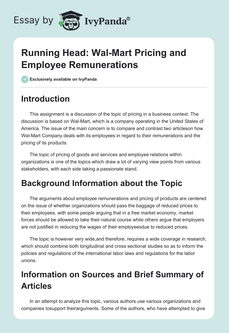Running Head: Wal-Mart Pricing and Employee Remunerations. Page 1