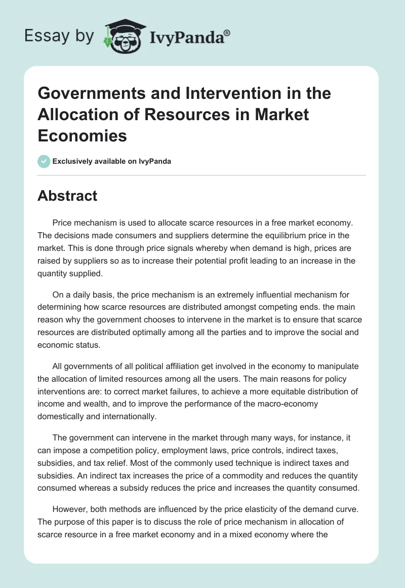 Governments and Intervention in the Allocation of Resources in Market Economies. Page 1