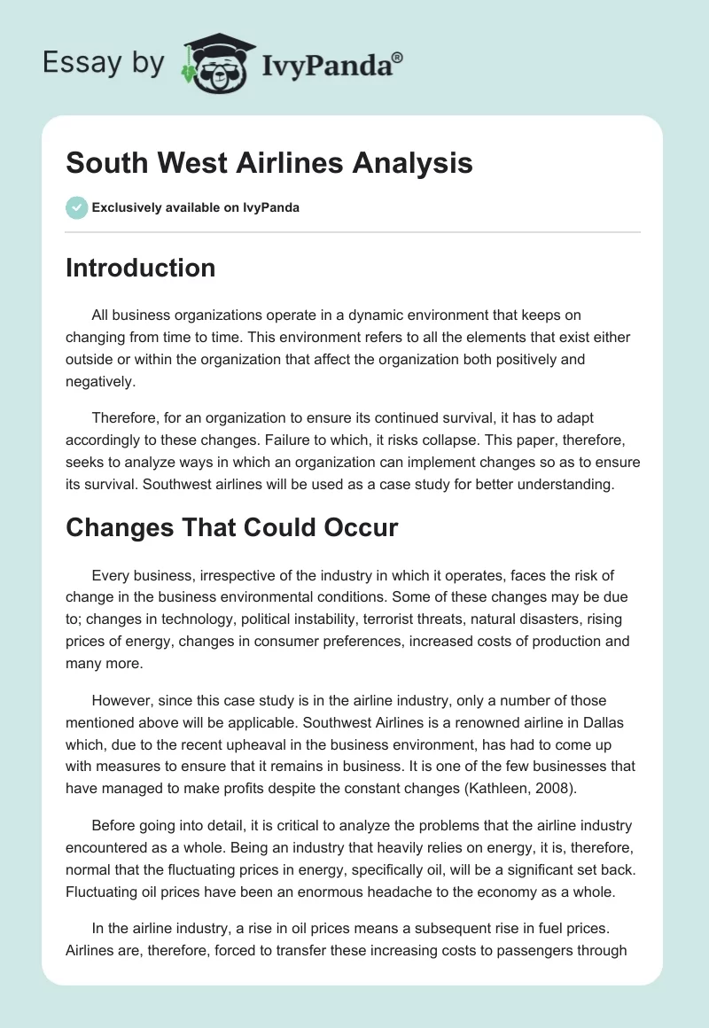 South West Airlines Analysis. Page 1