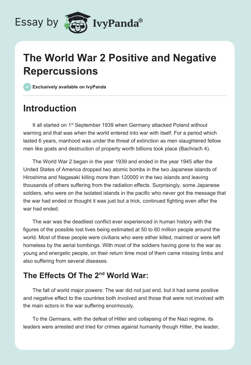 The World War 2 Positive and Negative Repercussions. Page 1