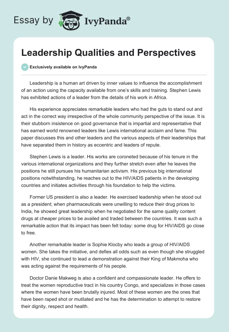 Leadership Qualities and Perspectives. Page 1