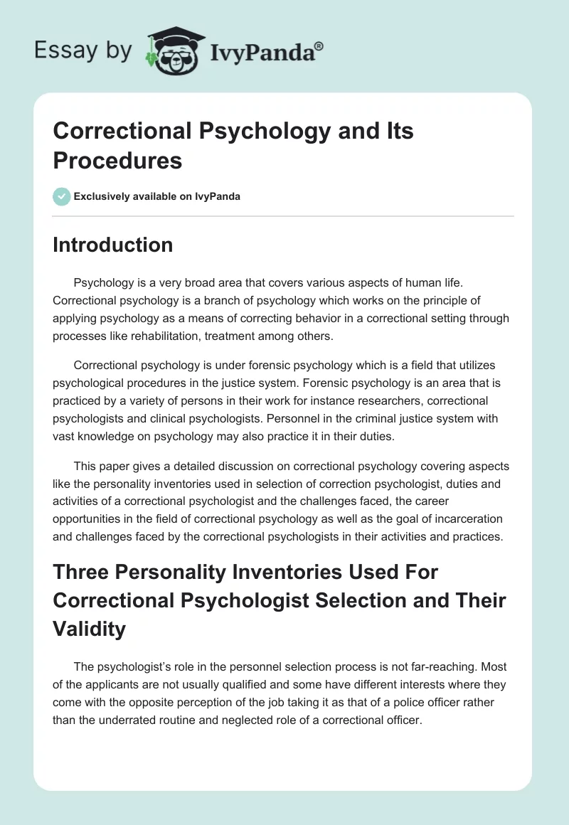 Correctional Psychology and Its Procedures. Page 1