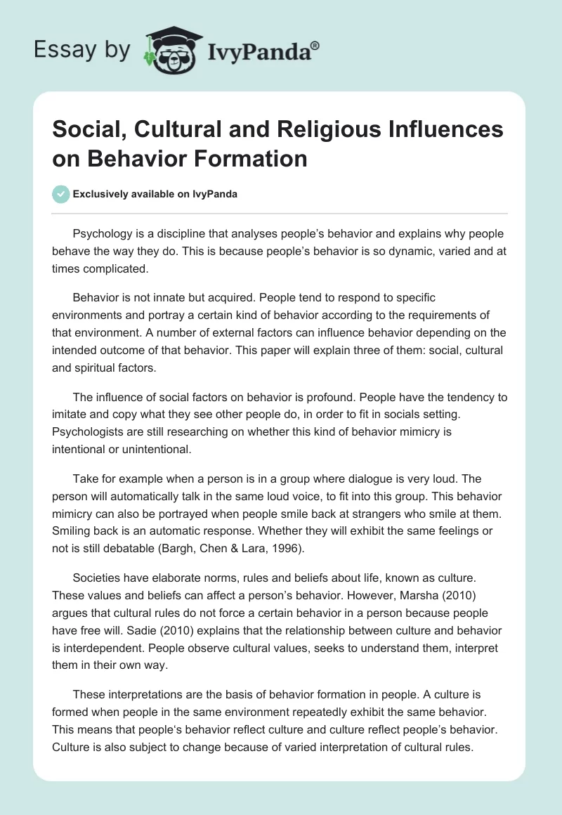 Social, Cultural and Religious Influences on Behavior Formation. Page 1