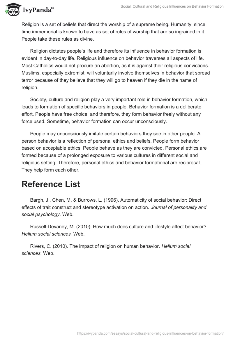 Social, Cultural and Religious Influences on Behavior Formation. Page 2