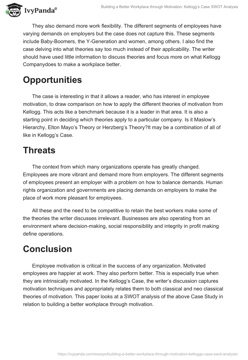 Building a Better Workplace Through Motivation: Kellogg’s Case SWOT Analysis. Page 2