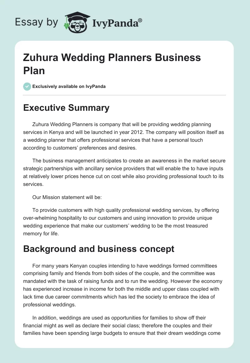 Zuhura Wedding Planners Business Plan. Page 1