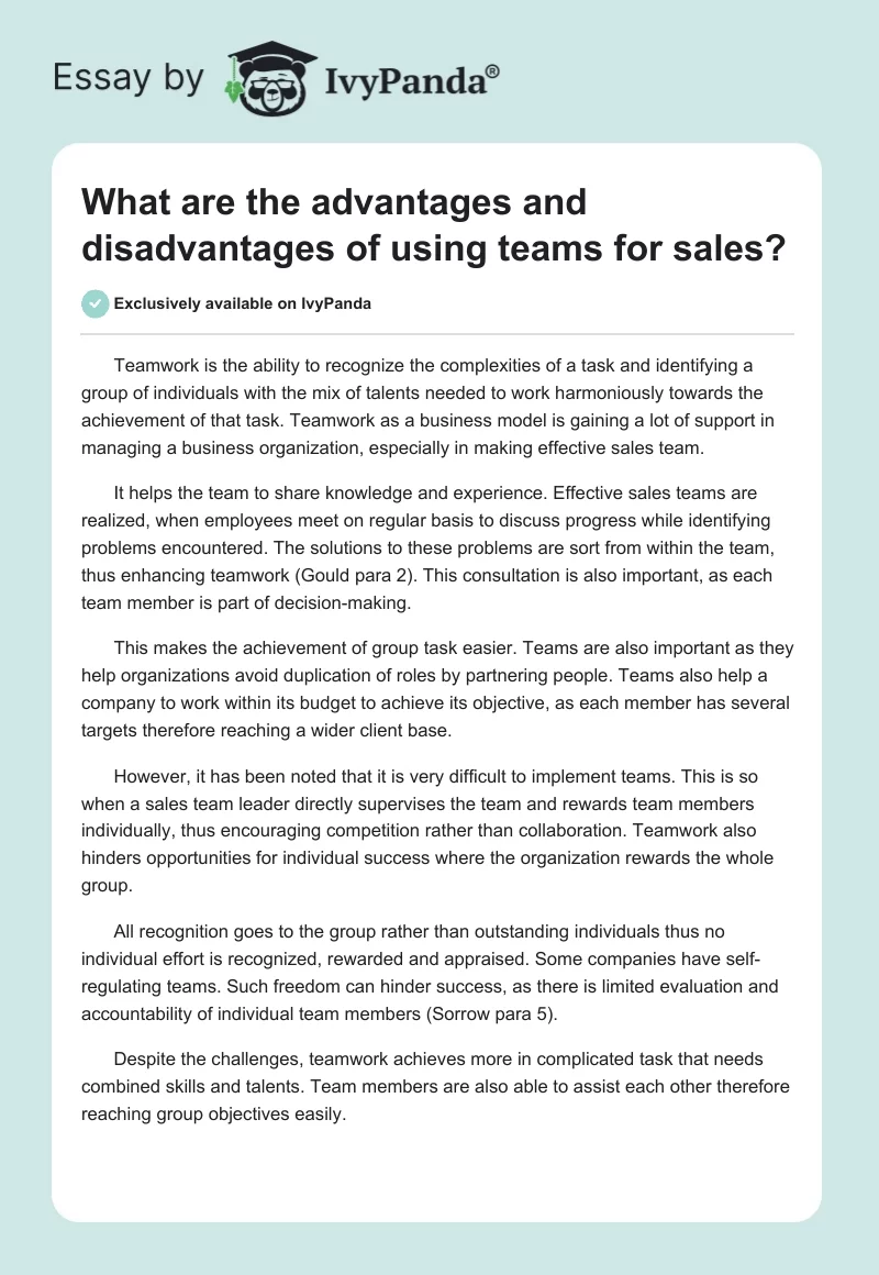 What are the advantages and disadvantages of using teams for sales?. Page 1