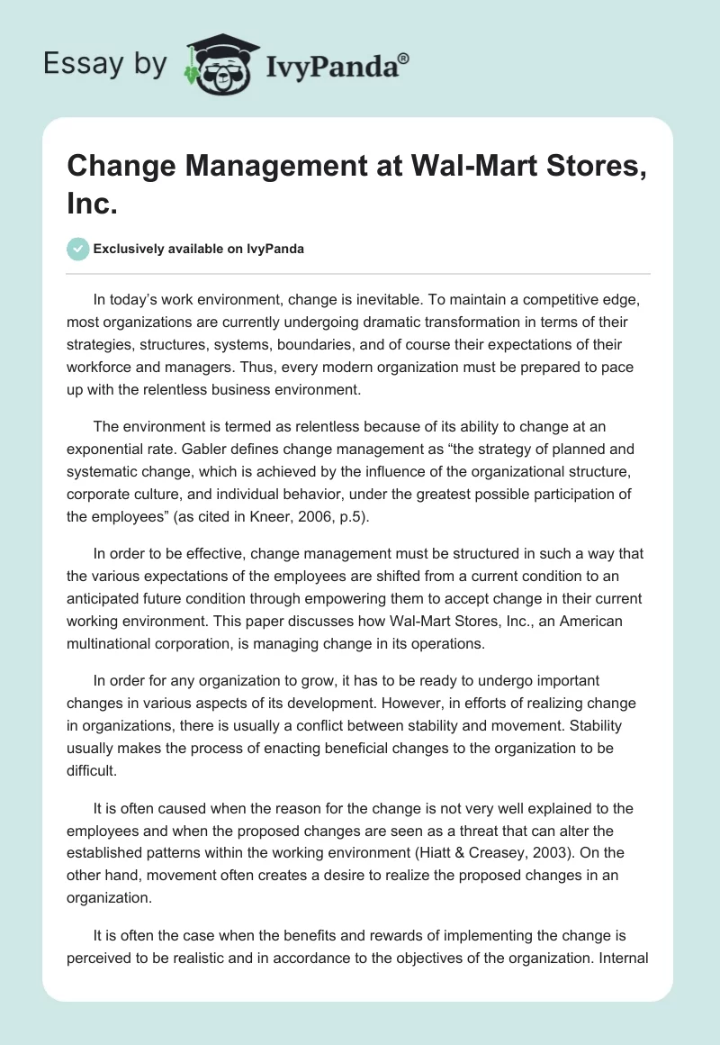 Change Management at Wal-Mart Stores, Inc.. Page 1