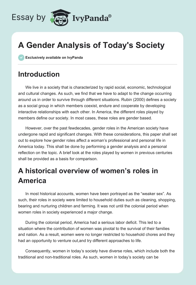 A Gender Analysis of Today's Society. Page 1