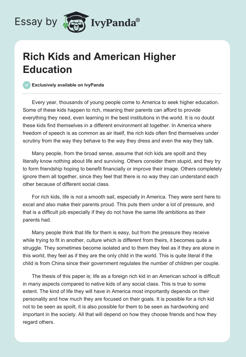 Rich Kids and American Higher Education. Page 1
