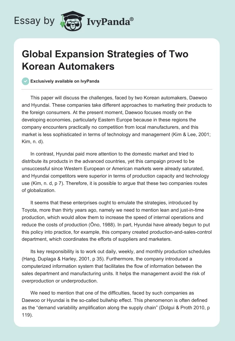 Global Expansion Strategies of Two Korean Automakers. Page 1