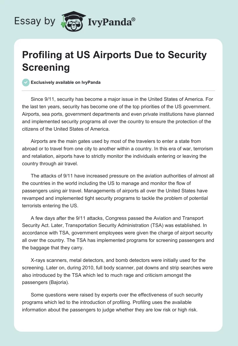 Profiling at US Airports Due to Security Screening. Page 1