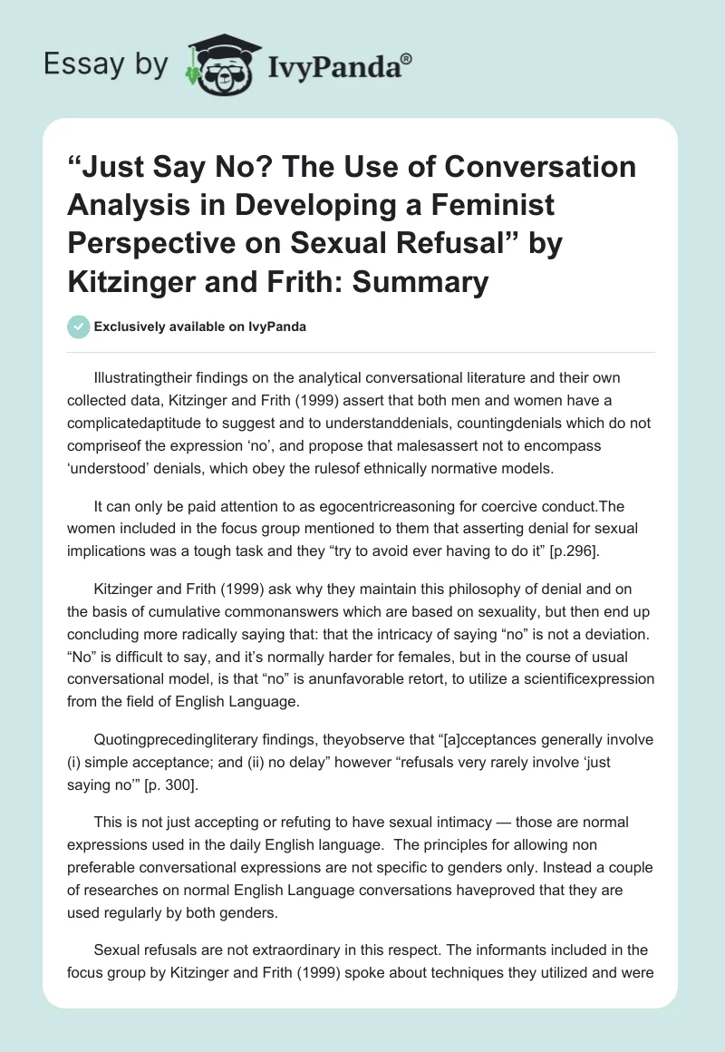 “Just Say No? The Use of Conversation Analysis in Developing a Feminist Perspective on Sexual Refusal” by Kitzinger and Frith: Summary. Page 1