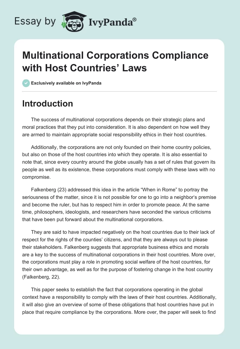 Multinational Corporations Compliance With Host Countries’ Laws. Page 1