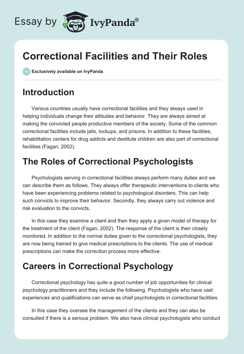 Correctional Facilities and Their Roles. Page 1