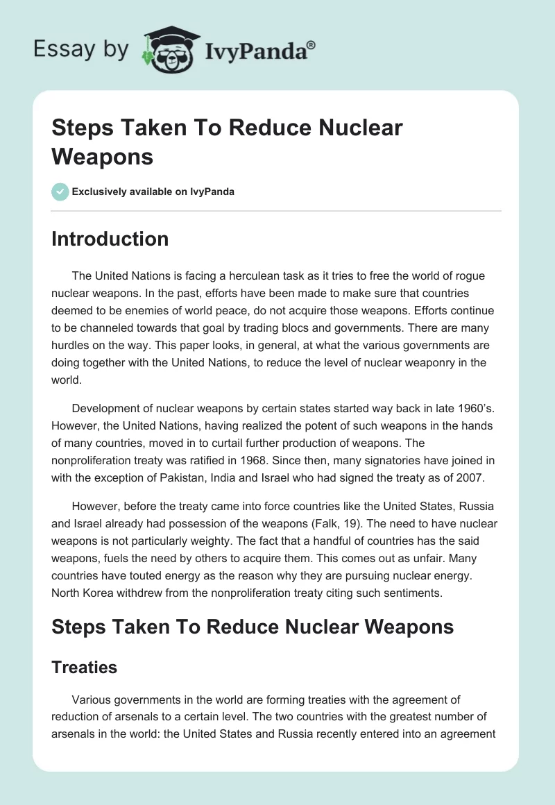 Steps Taken To Reduce Nuclear Weapons. Page 1