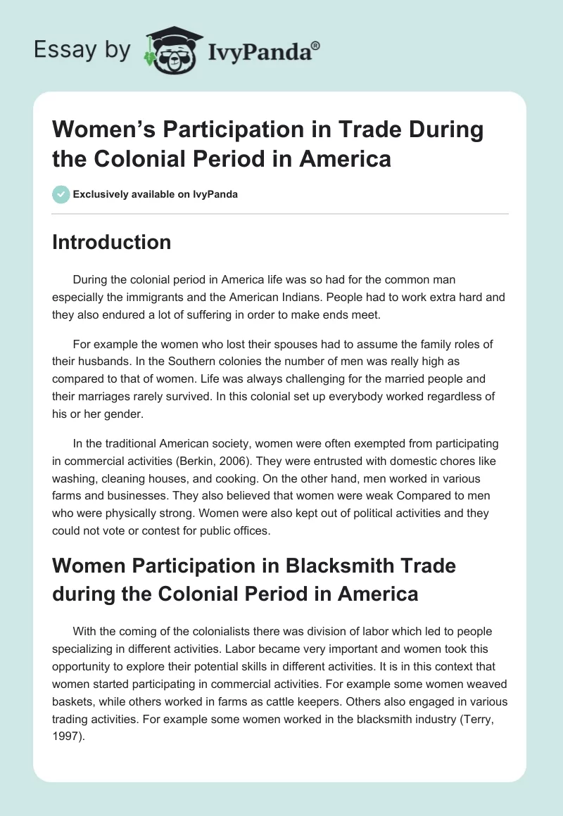 Women’s Participation in Trade During the Colonial Period in America. Page 1