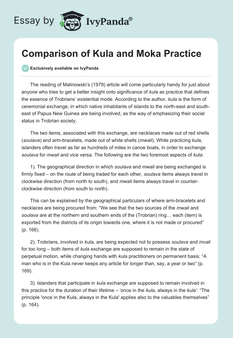 Comparison of Kula and Moka Practice. Page 1