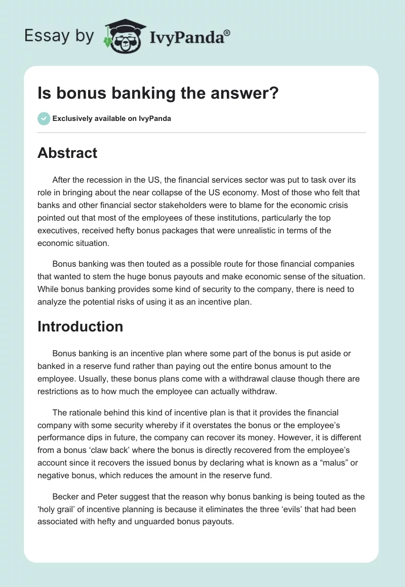 Is Bonus Banking the Answer?. Page 1