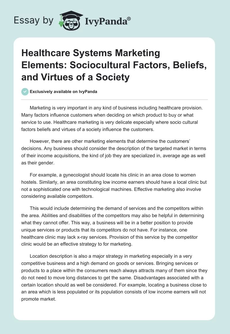 Healthcare Systems Marketing Elements: Sociocultural Factors, Beliefs, and Virtues of a Society. Page 1