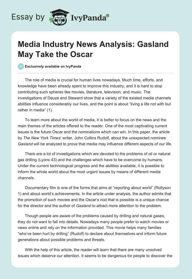 Media Industry News Analysis: Gasland May Take the Oscar. Page 1