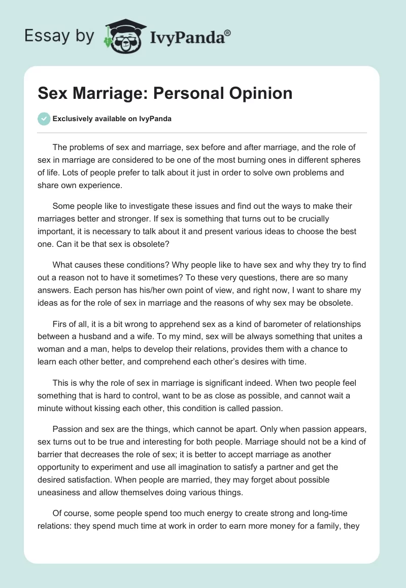 Sex Marriage: Personal Opinion. Page 1