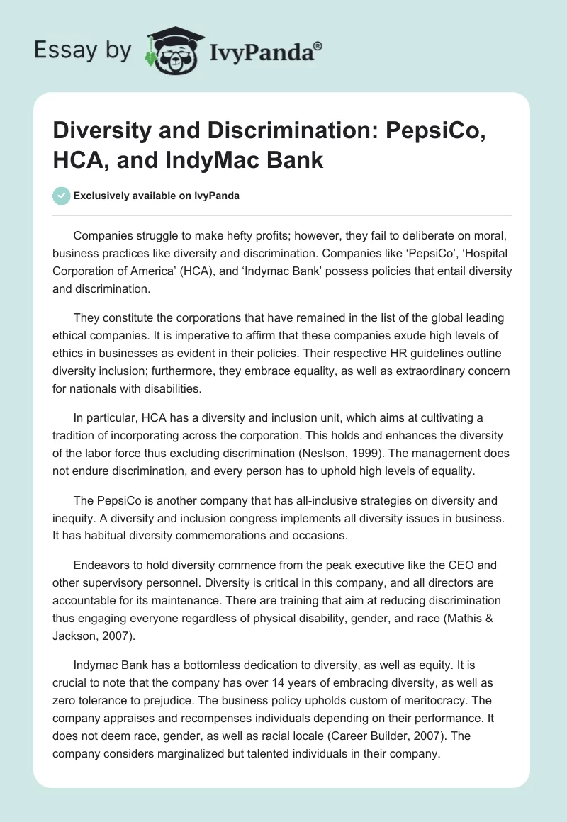 Diversity and Discrimination: PepsiCo, HCA, and IndyMac Bank. Page 1