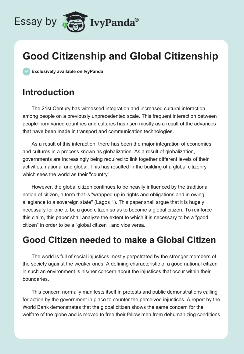 Good Citizenship and Global Citizenship. Page 1