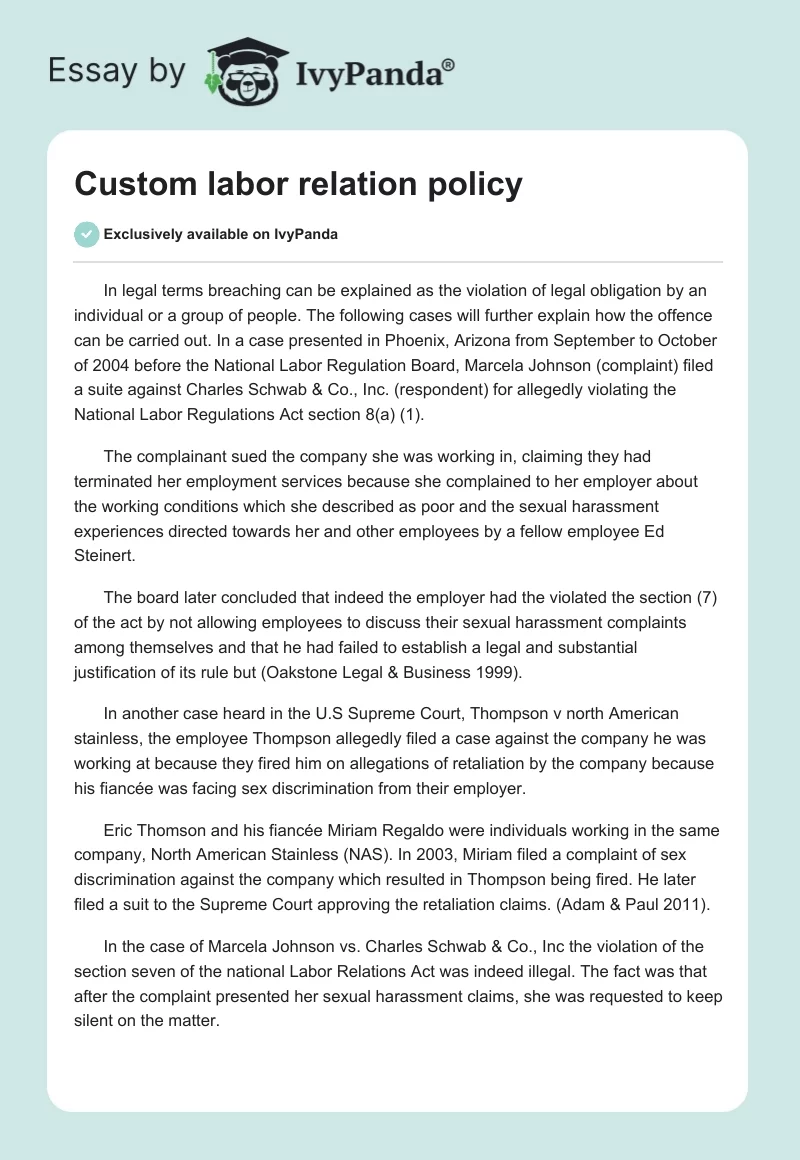Custom labor relation policy. Page 1