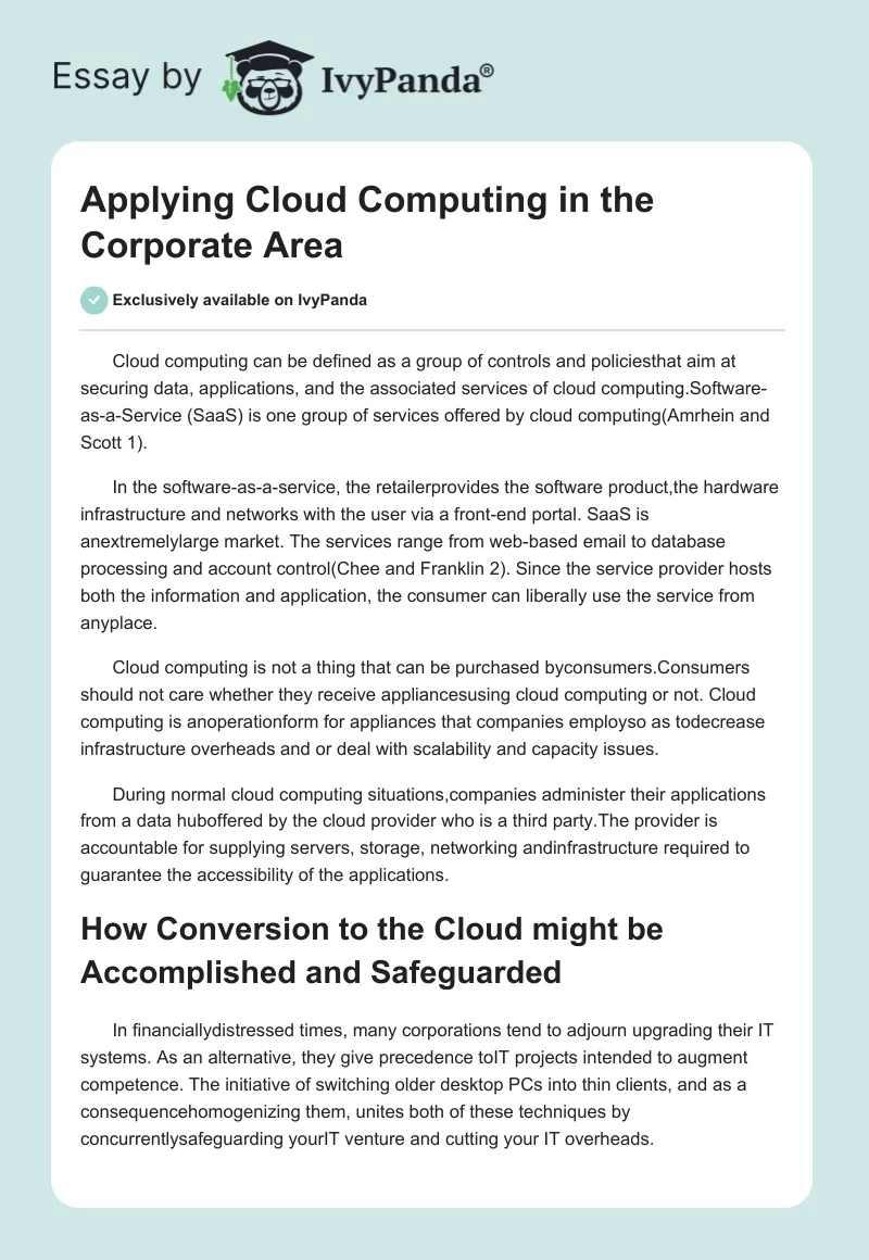 Applying Cloud Computing in the Corporate Area. Page 1