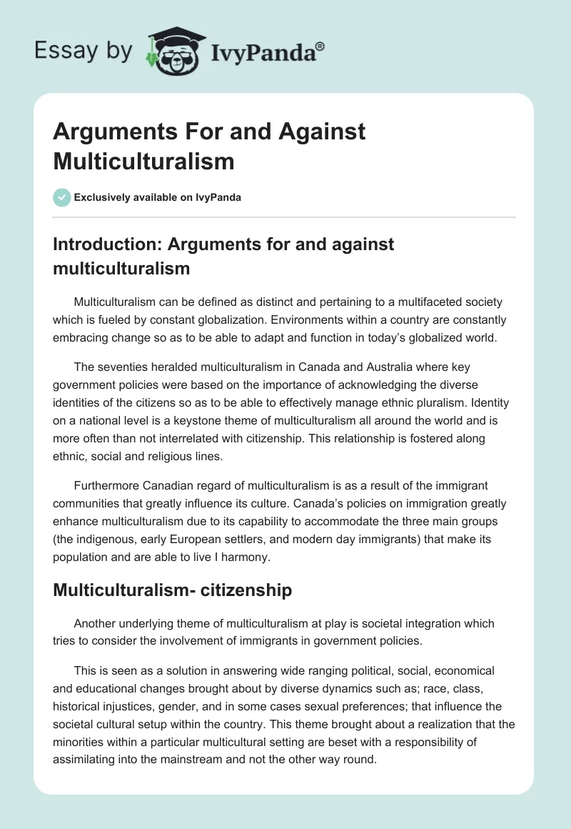 Arguments For and Against Multiculturalism. Page 1