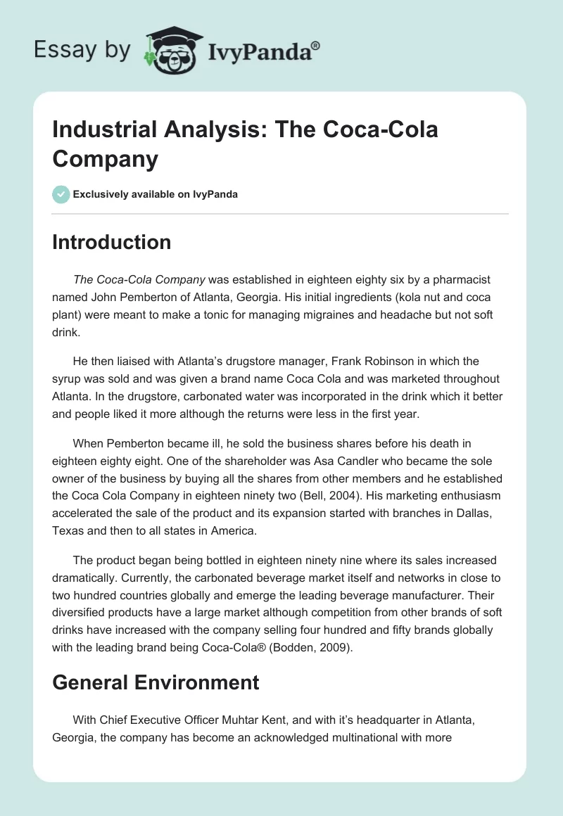 Industrial Analysis: The Coca-Cola Company. Page 1