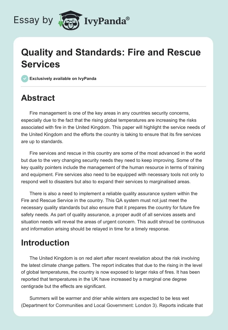 Quality and Standards: Fire and Rescue Services. Page 1