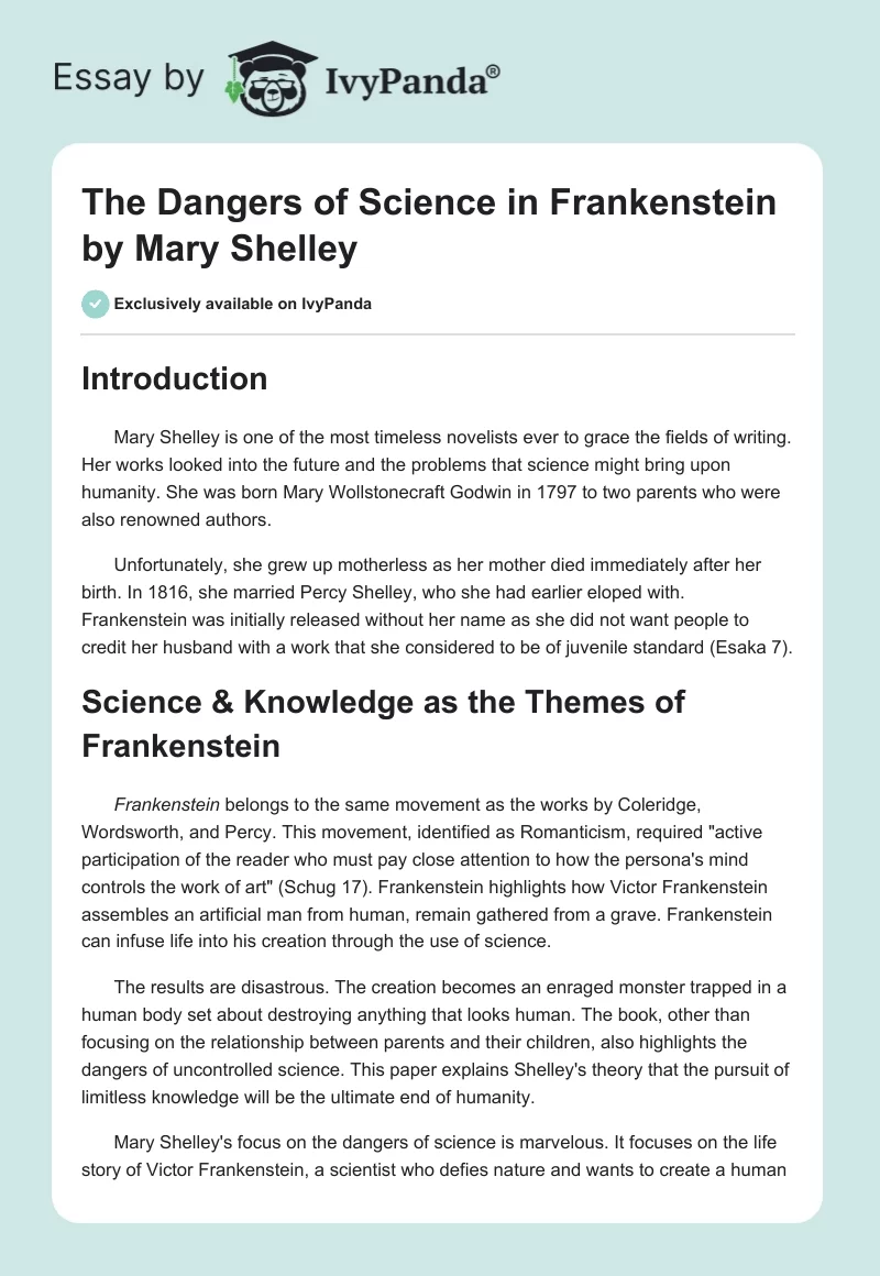 The Dangers of Science in Frankenstein by Mary Shelley. Page 1