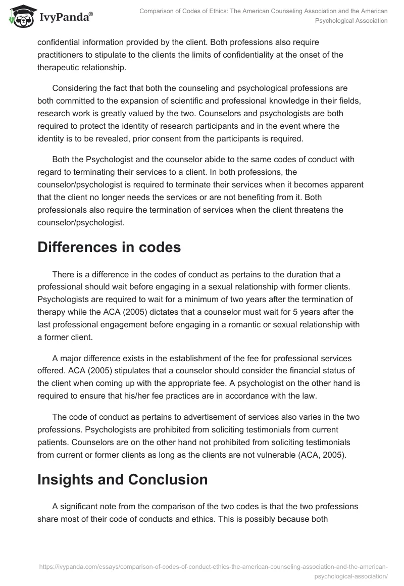Comparison of Codes of Ethics: The American Counseling Association and the American Psychological Association. Page 2