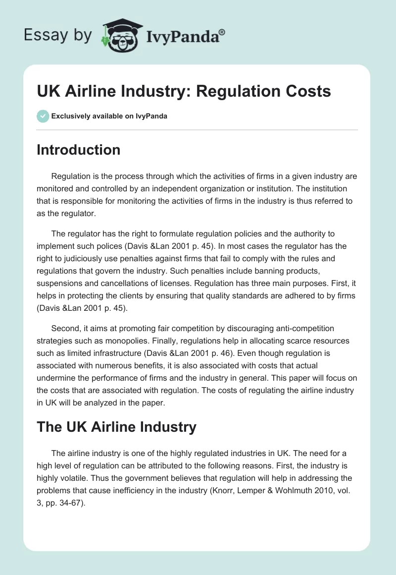 UK Airline Industry: Regulation Costs. Page 1