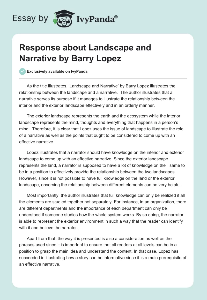 Response about Landscape and Narrative by Barry Lopez. Page 1