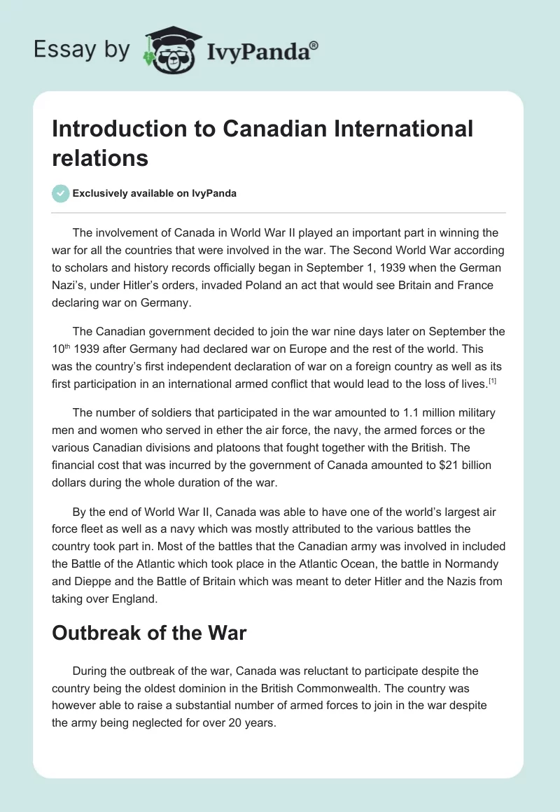 Introduction to Canadian International relations. Page 1