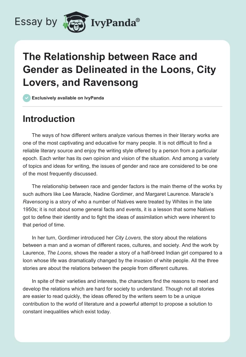 The Relationship between Race and Gender as Delineated in the Loons, City Lovers, and Ravensong. Page 1