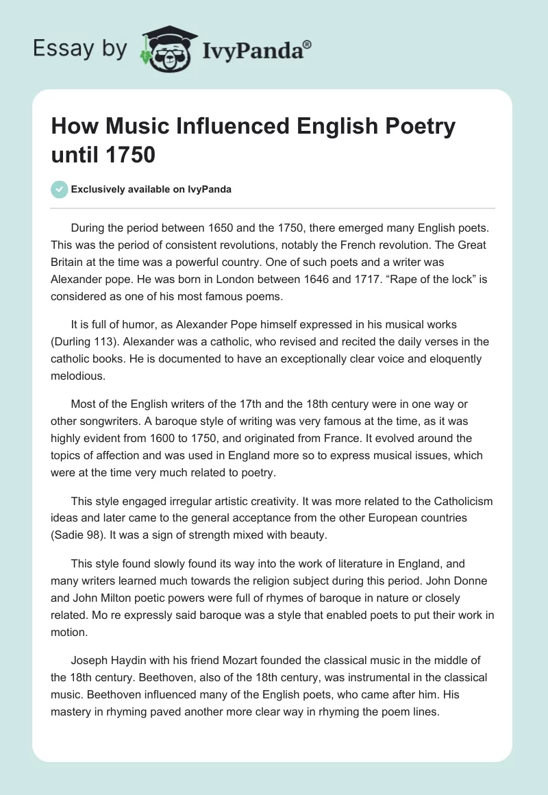 How Music Influenced English Poetry Until 1750. Page 1