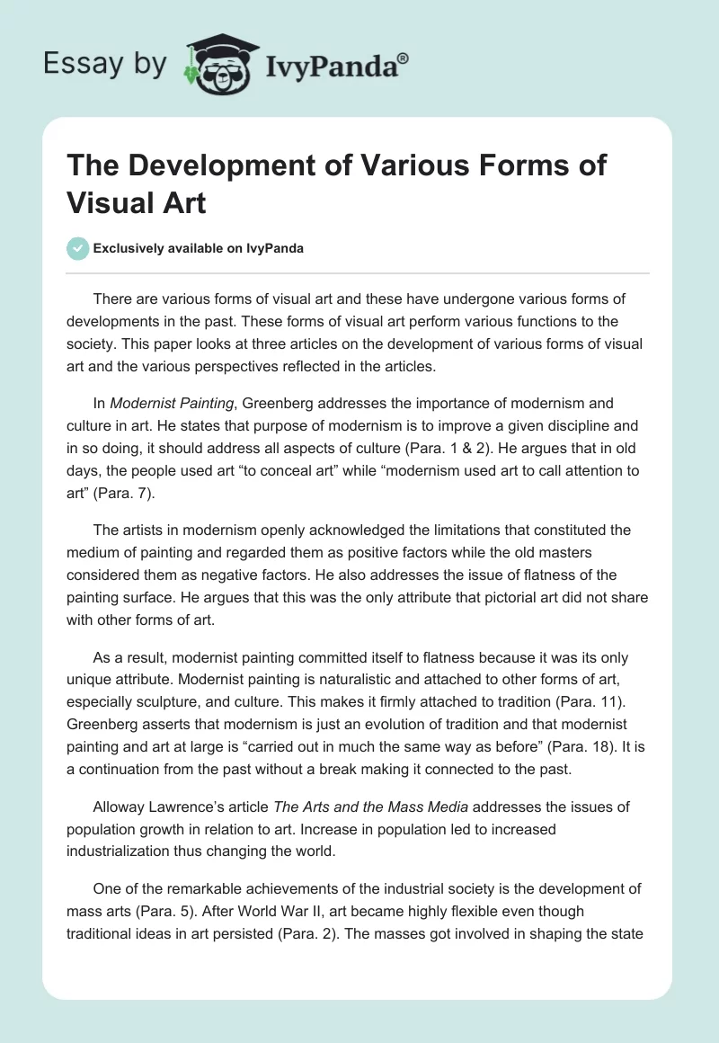 The Development of Various Forms of Visual Art. Page 1