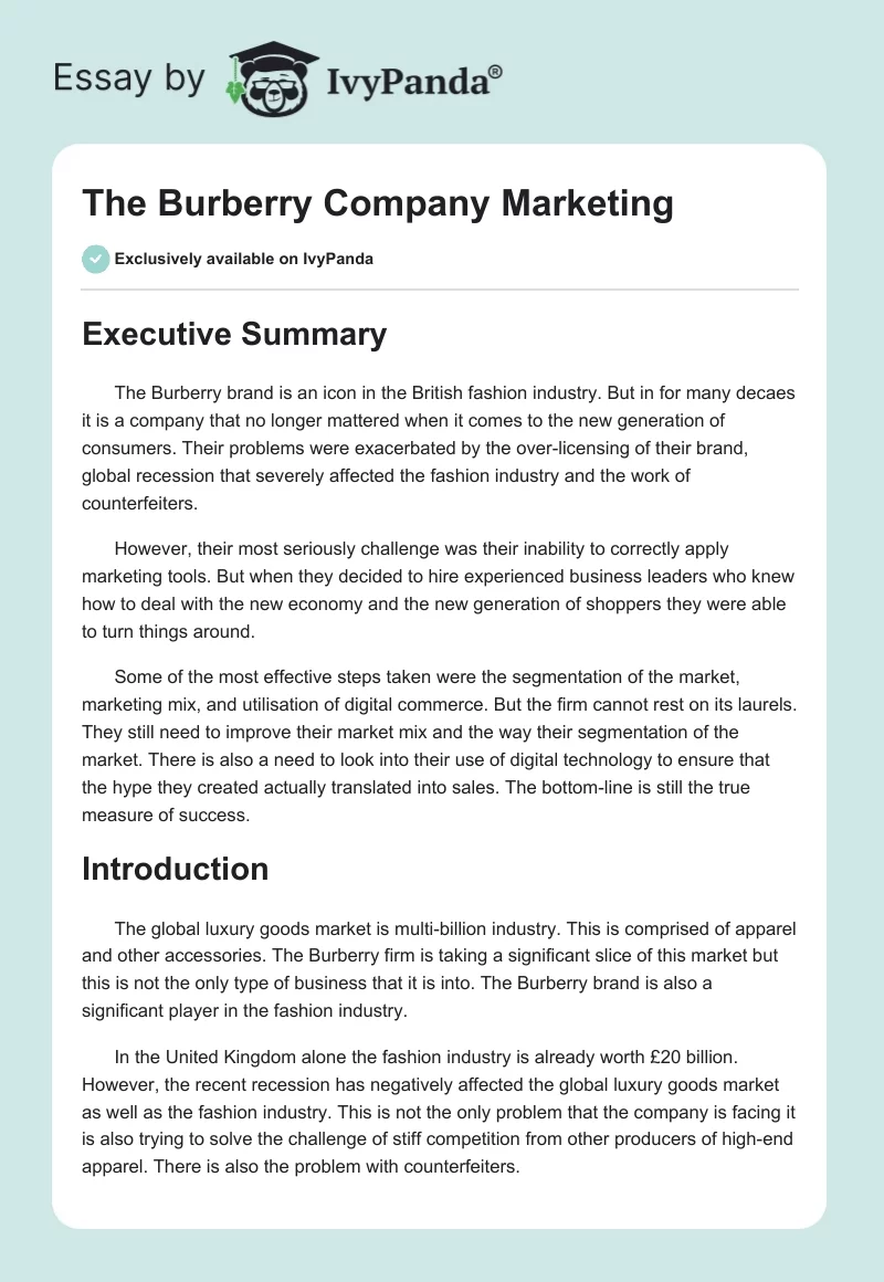 The Burberry Company Marketing. Page 1