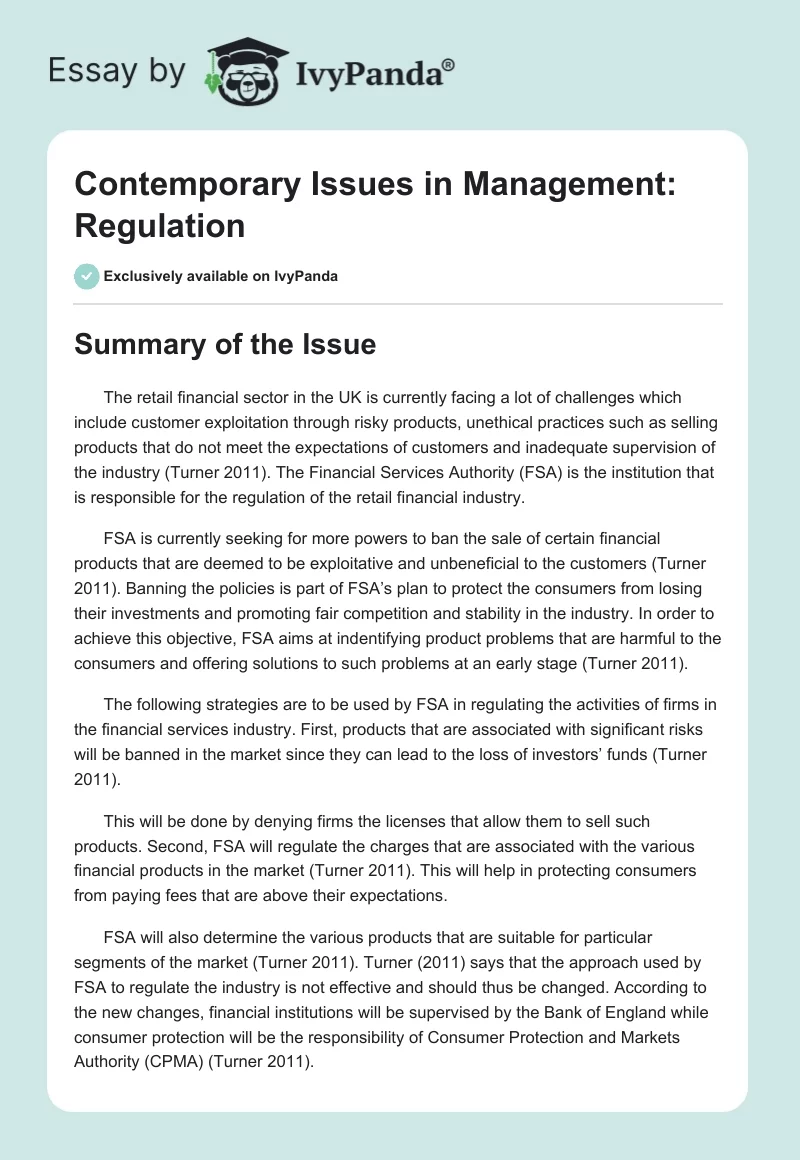 Contemporary Issues in Management: Regulation. Page 1
