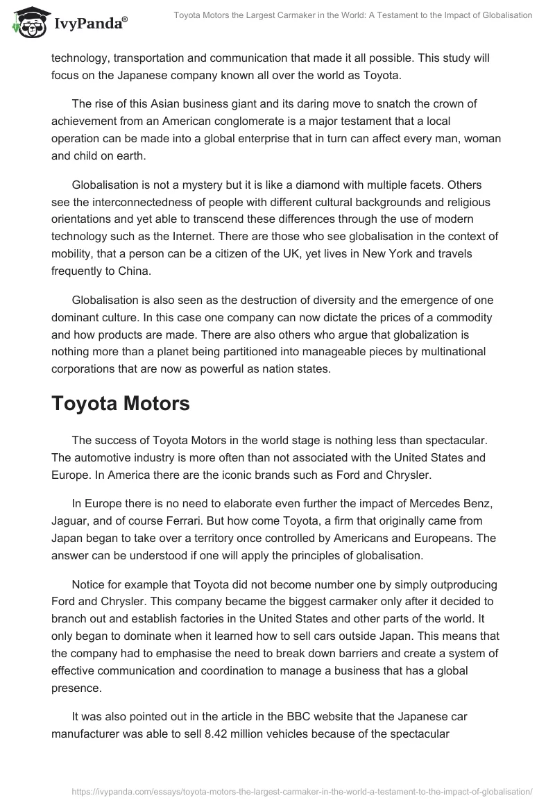 Toyota Motors the Largest Carmaker in the World: A Testament to the Impact of Globalisation. Page 3
