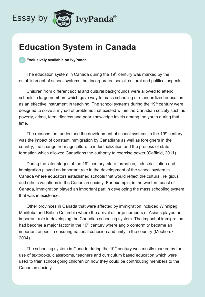 Education System in Canada. Page 1