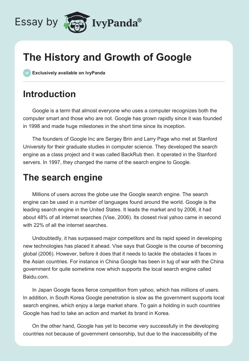 The History and Growth of Google. Page 1