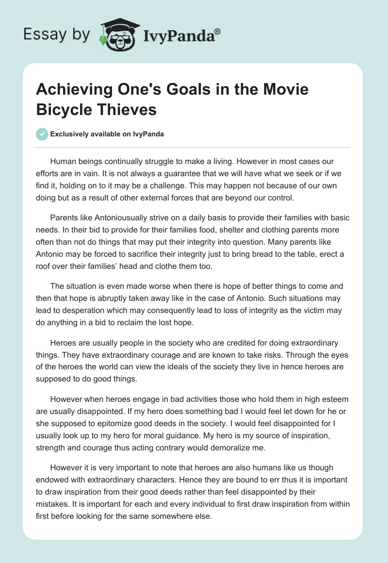 Achieving One's Goals in the Movie "Bicycle Thieves". Page 1