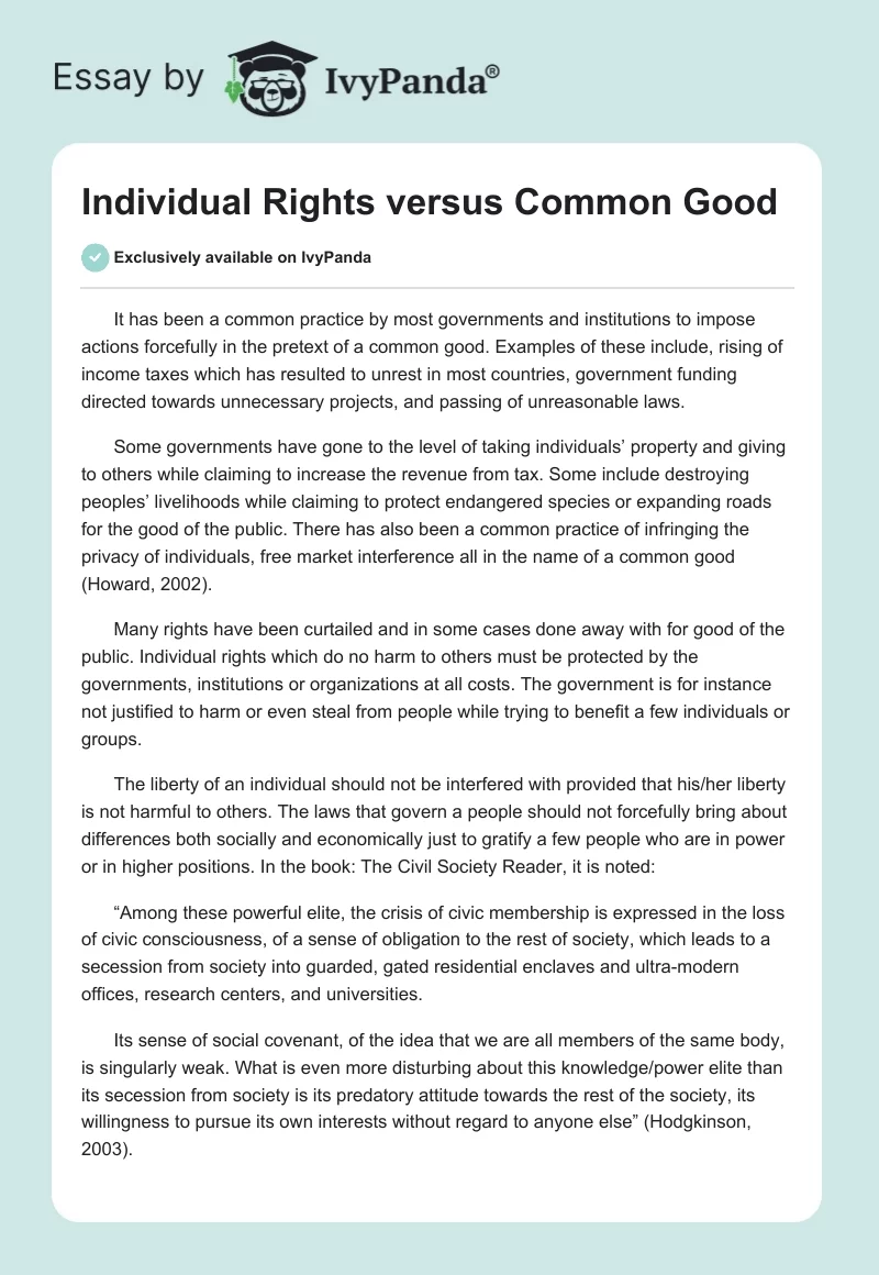 Individual Rights versus Common Good. Page 1