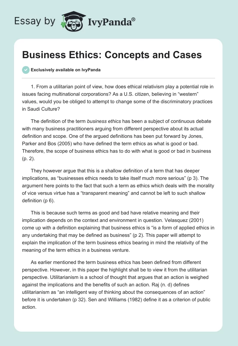 Business Ethics: Concepts and Cases. Page 1